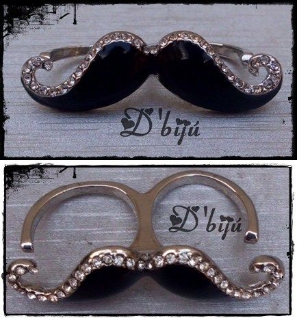 Anel  Bigode Prateado c/ Strass - 5cm